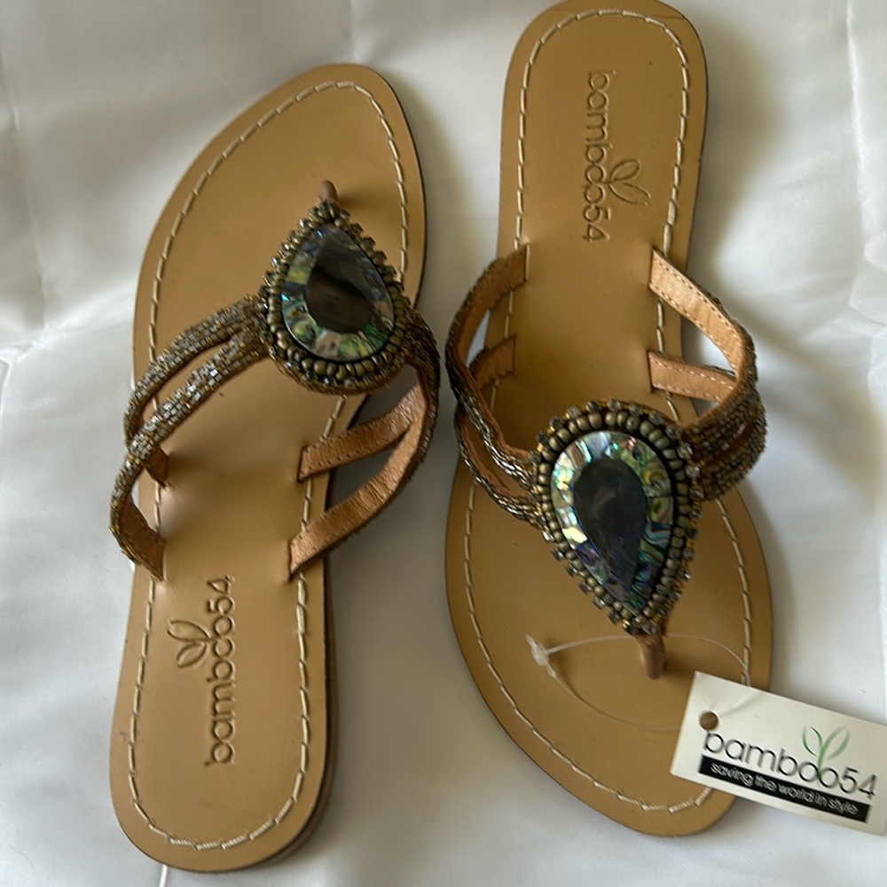 Women Bamboo Sandals flip flop with beads and mother of pearl Shoe Size 7.5